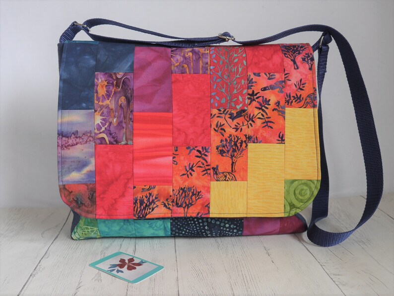 Patchwork crossbody messenger bag made to order from cotton batik fabrics in your choice of colour combination Rainbow medley