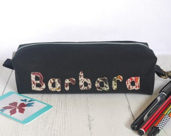 Personalised pencil case with appliqued hedgehog
