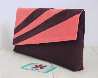 Plum and coral clutch bag, asymmetric flap design, unique and chic, made from upcycled fabrics
