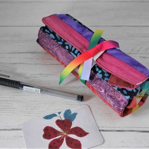 Rainbow patchwork pen roll, made to order from assorted reclaimed fabrics image 1