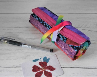 Rainbow patchwork pen roll, made to order from assorted reclaimed fabrics