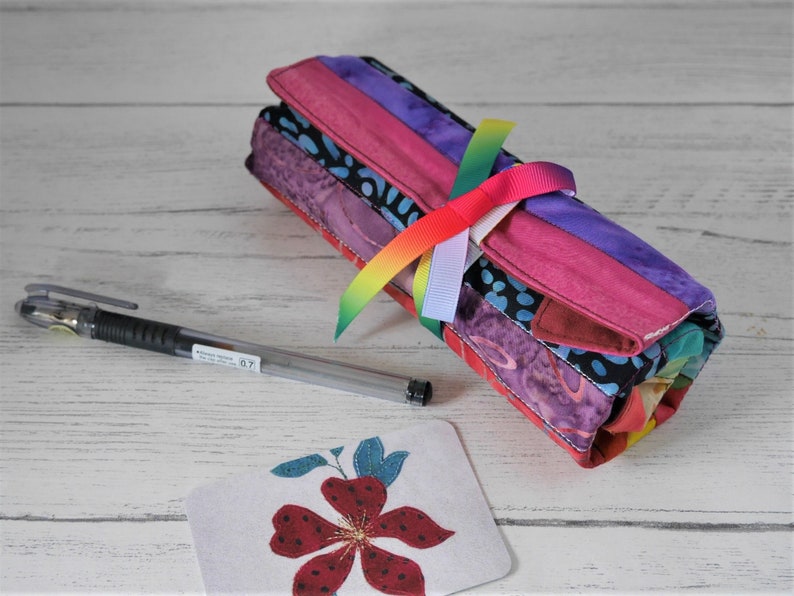 Rainbow patchwork pen roll, made to order from assorted reclaimed fabrics image 1