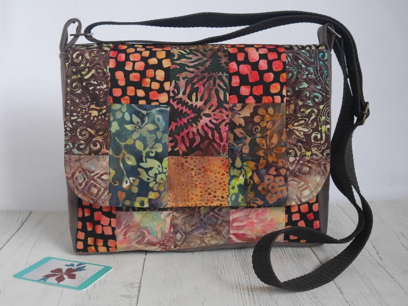 Patchwork crossbody messenger bag made to order from cotton batik fabrics in your choice of colour combination Autumn medley