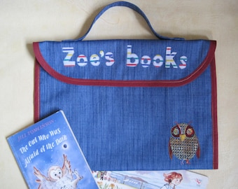 Personalised book bag, with appliqued name, in choice of colours and motif