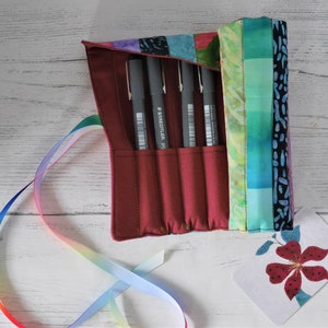 Rainbow patchwork pen roll, made to order from assorted reclaimed fabrics image 6