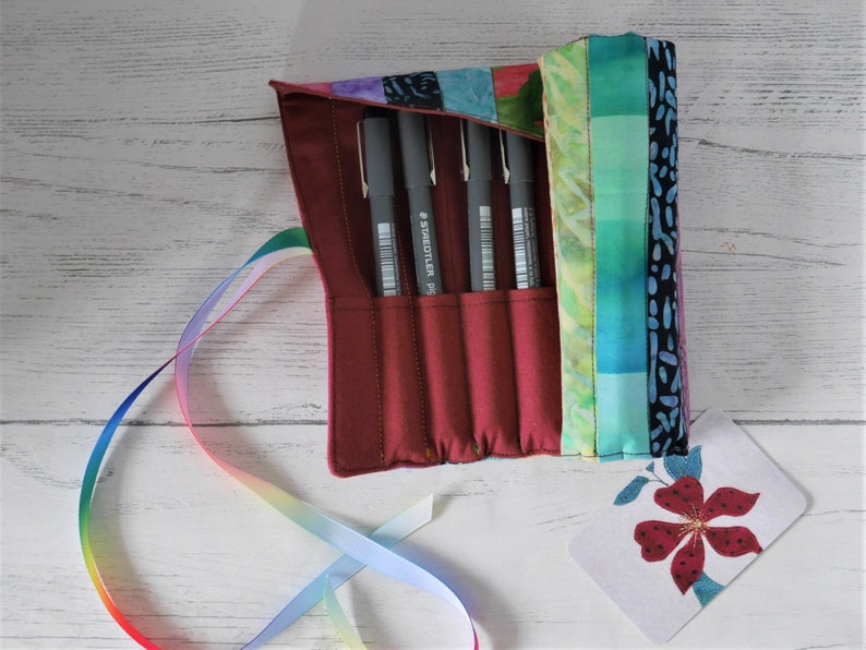 Rainbow patchwork pen roll, made to order from assorted reclaimed fabrics image 6
