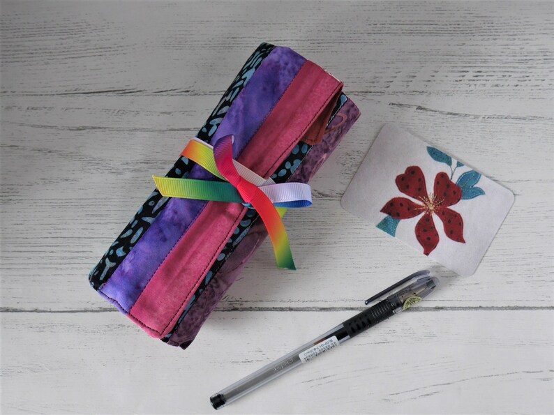 Rainbow patchwork pen roll, made to order from assorted reclaimed fabrics image 7