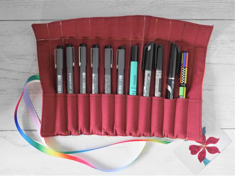 Rainbow patchwork pen roll, made to order from assorted reclaimed fabrics image 5