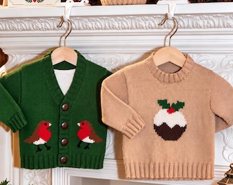 Baby Christmas Jumper Knitting Pattern, Robin Cardigan, Pudding Sweater (4 ply, Birth-5 years)