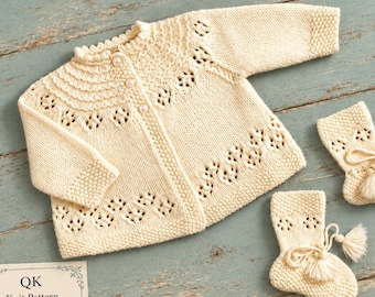 Matinee Jacket and Booties Knitting Pattern, Quicknit yarn, 19" chest, PDF Instant Download