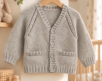 Baby & Child Simple Cardigan Knitting Pattern, Stocking Stitch, 4 ply Yarn, Birth - 2 years