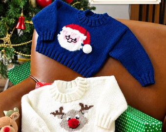 Baby Xmas Jumper Knitting Pattern, Reindeer Knitwear, Double Knitting, 12"-22"