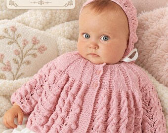 Vintage Baby Matinee Coat & Bonnet Knitting Pattern, 4 ply yarn, 20"-22" chest