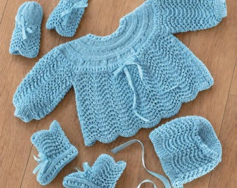 Patrón de punto para abrigo, gorro, patucos y manoplas de bebé, descarga en PDF, 4 cabos, términos británicos