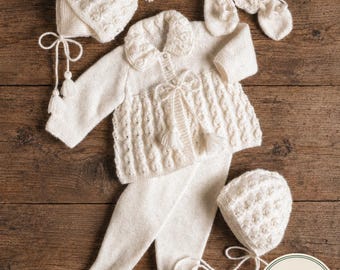 Pram Set Knitting Pattern, Coat Bonnet Hat Leggings Mittens, 4 ply / QK, Instant Download, UK Terms