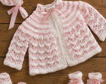 Patrón de punto para abrigo, patucos, gorro y manoplas de bebé, descarga instantánea, punto rápido/doble, términos británicos