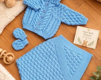 Baby Hooded Jacket, Mitts and Blanket Knitting Pattern, Aran / Worsted yarn, 16"-24" chest
