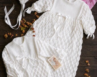 Patrón de tejido para vestido de bautizo, abrigo, patucos y gorro, vestido para ocasiones especiales, 3 cabos, descarga en PDF