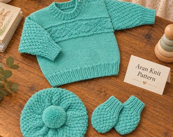 Baby and Child Jumper, Beret & Mitts Knitting Pattern, Aran / Worsted yarn, 16" - 24" chest