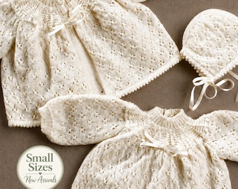 Conjunto de patrones de punto para vestido, chaqueta y gorro de bebé, descarga en PDF, 4 cabos, términos británicos