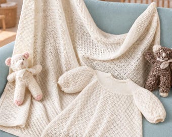 Christening Gown, Shawl & Teddy Bear Knitting Pattern, 3 ply and Chunky, Birth to 8 months