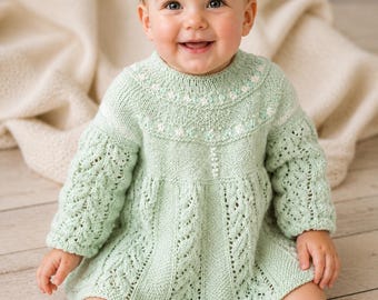 Patrón de punto para vestido de bebé, top de ángel, falda de encaje, términos británicos (descarga en PDF)
