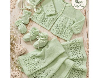 Baby Coat, Bonnet, Blanket, Bootees & Mitts Knitting Pattern, 4 ply Yarn, Prem - 6 months