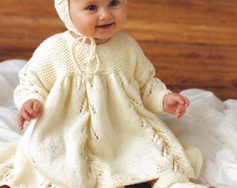 Baby Dress, Bonnet & Bootees Knitting Pattern, DK Yarn, 16" - 22" chest