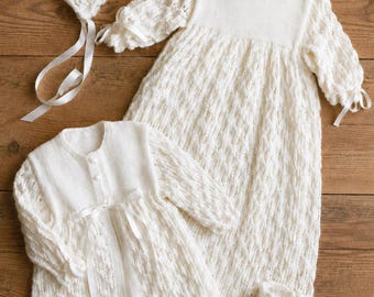 Christening Gown Coat Booties Bonnet Knitting Pattern, Special Occasion Dress, 3 ply, PDF Download