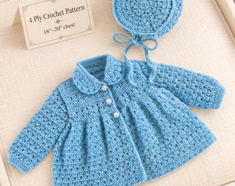 Baby Matinee Coat & Bonnet Crochet Pattern, 18" - 20" chest, PDF Download, 4 ply