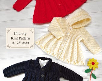 Baby Hooded Jacket / Coat Knitting Pattern, 18"-28" Chest, Chunky Yarn