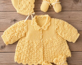 Patrón de ganchillo para abrigo, gorro, manoplas y patucos de bebé, descarga en PDF, hilo de 4 cabos, términos británicos.
