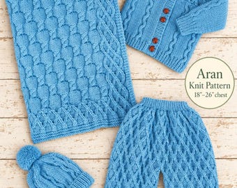 Baby Jacket, Blanket, Pants/Trousers & Bobble Hat Knitting Pattern, Aran Yarn, 18"-26" chest
