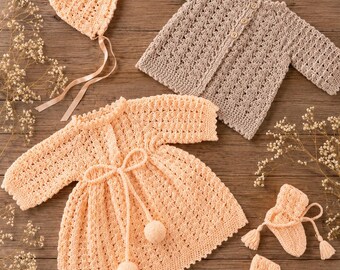 Patrón de conjunto de ganchillo vintage para bebé / 4 piezas: vestido, abrigo, gorro y patucos (descarga en PDF)