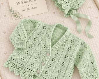 Baby Cardigan and Bonnet Knitting Pattern, DK Yarn, 16" - 26" chest, Birth - 6 years