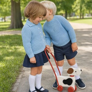 May include: A light blue knit cardigan with a collar and buttons, a light blue knit crewneck sweater, a navy blue pleated skirt, navy blue shorts, white knee-high socks, navy blue shoes, and a wooden pull-along toy dog with red wheels.