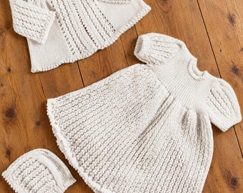 Baby Christening Dress, Jacket, Bonnet, Cape, Mitts & Bootees Knitting Pattern Set, 3 ply