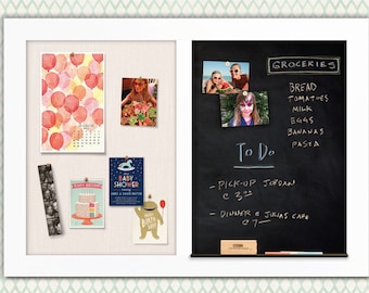 Chalk Combo Board | Chalk + Bulletin Board | Chalkboard Combo | Chalkboard Cork Board | Cork and Chalkboard - White Frame + Snow Fabric