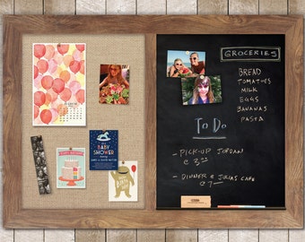 Chalk Combo Board | Chalk + Cork Board | Chalkboard Combo | Framed Chalkboard | Magnetic Chalkboards - Barnboard Frame + Burlap Fabric