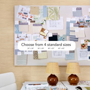 Pu&ograve; includere: Una bacheca di ispirazione per il design con campioni di tessuto, schizzi e il testo "Scegli tra 4 misure standard: 61cm x 61cm, 91cm x 61cm, 122cm x 81cm, 152cm x 102cm". Due lampade marroni con paralumi intrecciati.