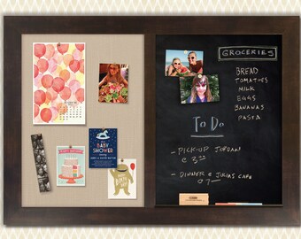 Chalk Combo Board | Chalk + Bulletin Board | Chalkboard Combo | Chalkboard Cork Board | Cork and Chalkboard - Espresso Frame + Khaki Fabric