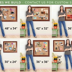 May include: Seven different sizes of cork boards with wood frames. The boards are shown with various photos and mementos pinned to them. The boards are available in sizes ranging from 24 inches by 20 inches to 48 inches by 34 inches.