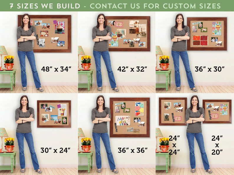 May include: Seven different sizes of cork boards with wood frames. The boards are shown with various photos and mementos pinned to them. The boards are available in sizes ranging from 24 inches by 20 inches to 48 inches by 34 inches.