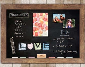 Small Kitchen Chalkboard With Kitten Art - A4 Memo Board, Wooden Tray, Chalk & Eraser, Wall Mount