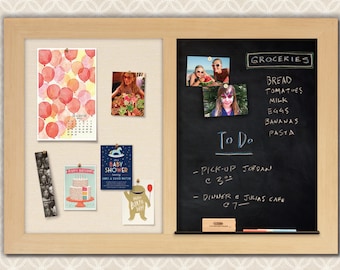 Chalk Combo Board | Chalk + Bulletin Board | Chalkboard Combo | Chalkboard Cork Board | Cork and Chalkboard - Maple Frame + Cream Fabric