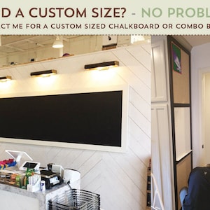 May include: A black chalkboard with a white frame is mounted on a white wood wall with a chevron pattern. The chalkboard is illuminated by three overhead lights. The text "NEED A CUSTOM SIZE? - NO PROBLEM! CONTACT ME FOR A CUSTOM SIZED CHALKBOARD OR COMBO BOARD" is displayed at the top of the image.