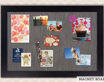 Magnetic Bulletin Boards | Framed Magnet Boards | Magnet Board | Decorative Magnet Boards - Black Satin Frame + Pewter Fabric