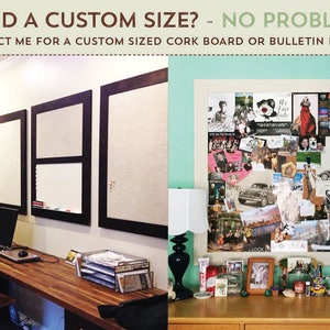May include: A home office with a long wooden desk, a computer, and three cork boards with black frames. The cork boards are covered in photos, postcards, and other mementos. The text "NEED A CUSTOM SIZE? - NO PROBLEM! CONTACT ME FOR A CUSTOM SIZED CORK BOARD OR BULLETIN BOARD" is displayed at the top of the image.