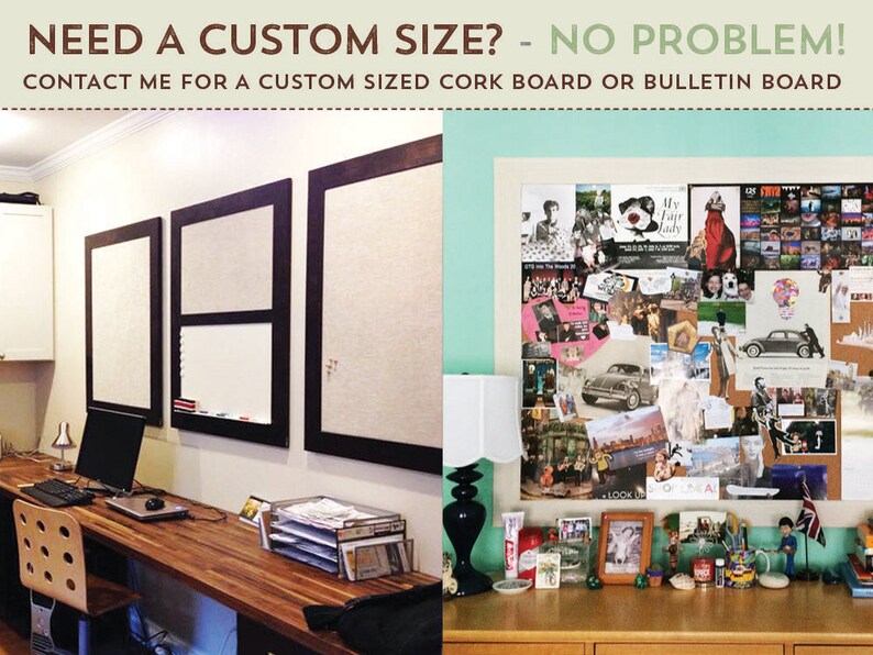 May include: A home office with a long wooden desk, a computer, and three cork boards with black frames. The cork boards are covered in photos, postcards, and other mementos. The text "NEED A CUSTOM SIZE? - NO PROBLEM! CONTACT ME FOR A CUSTOM SIZED CORK BOARD OR BULLETIN BOARD" is displayed at the top of the image.
