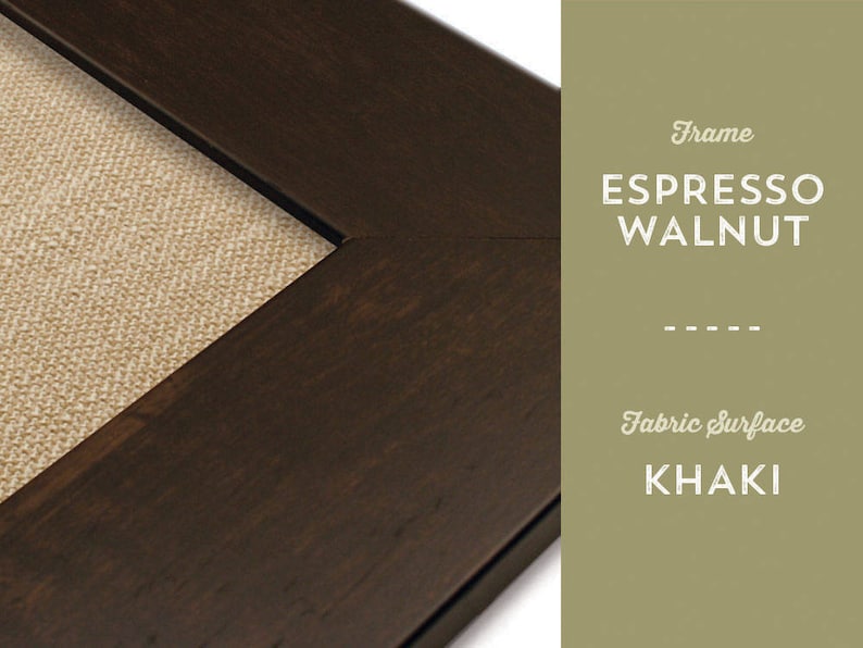 May include: A close-up of a brown wood picture frame with a khaki fabric surface. The frame is labeled "Espresso Walnut".